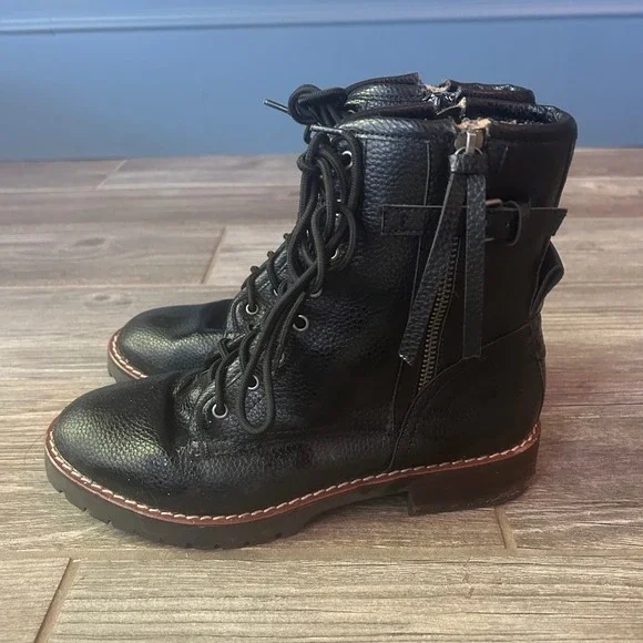 Black Faux Leather Lace Up Combat Boots Women Size 8 Side Zip Lug Sole - Picture 3 of 4